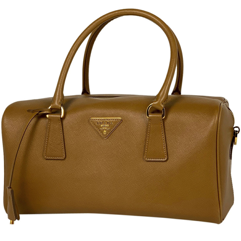 Prada Logo Handbag Boston Saffiano Leather Brown